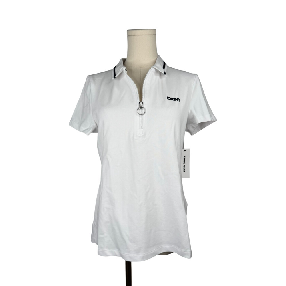 DKNY Sport White Short Sleeve Zip Polo Shirt with O-Ring Pull Sz. M NWT